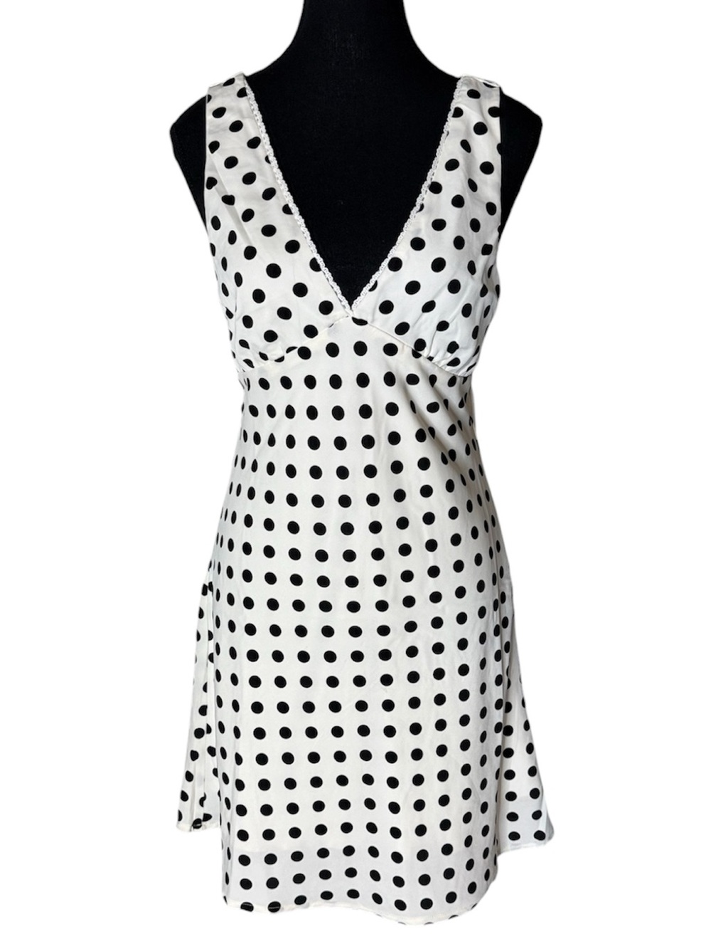 THIRTY THIRTY New Satin Polka Dot Mini Dress Sleeveless V Neck White Black Large